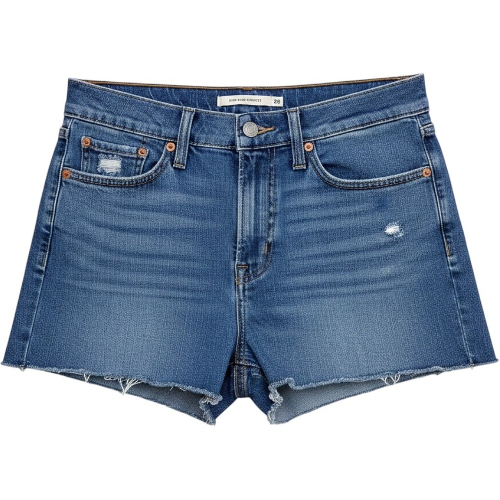 Levis High Rise Denim Shorts Medium Wash‎ Distressed Raw Hem Size 28